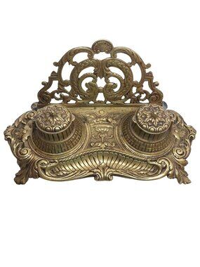 Antique Engraved Brass Double Inkwell Ornate Rococo Style